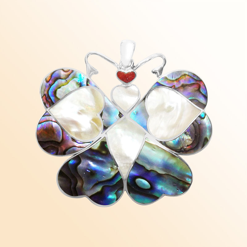 Sterling Silver Butterfly Pendant With Abalone Shell, Coral, And Mother Of Pearl