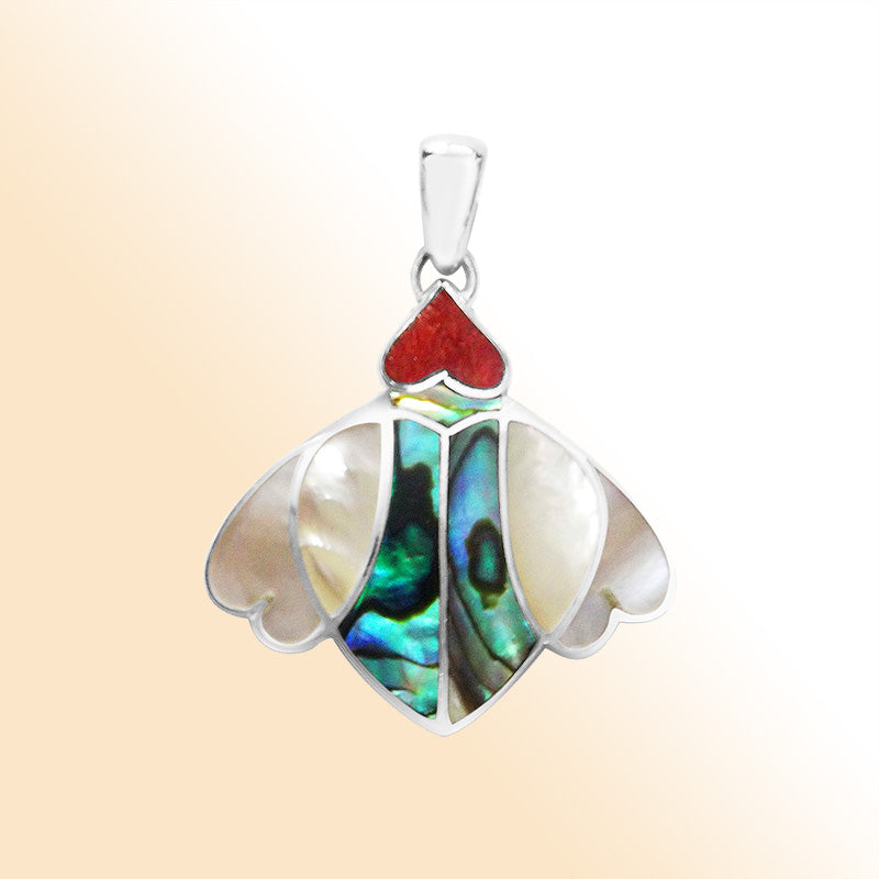Ocean Wings Abalone Shell, Coral, And Mother Of Pearl Sterling Silver Pendant – Handcrafted Bali Jewelry