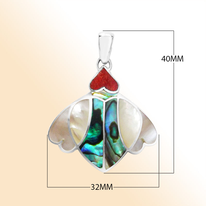 Ocean Wings Abalone Shell, Coral, And Mother Of Pearl Sterling Silver Pendant – Handcrafted Bali Jewelry