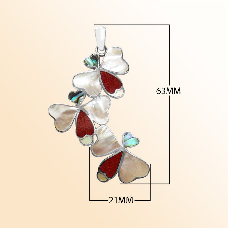 Sterling Silver Triple Butterfly Pendant With Abalone Shell, Coral, And Mother Of Pearl