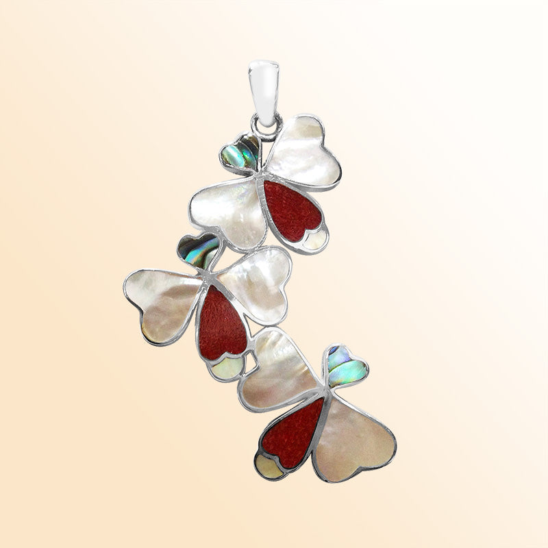 Sterling Silver Triple Butterfly Pendant With Abalone Shell, Coral, And Mother Of Pearl
