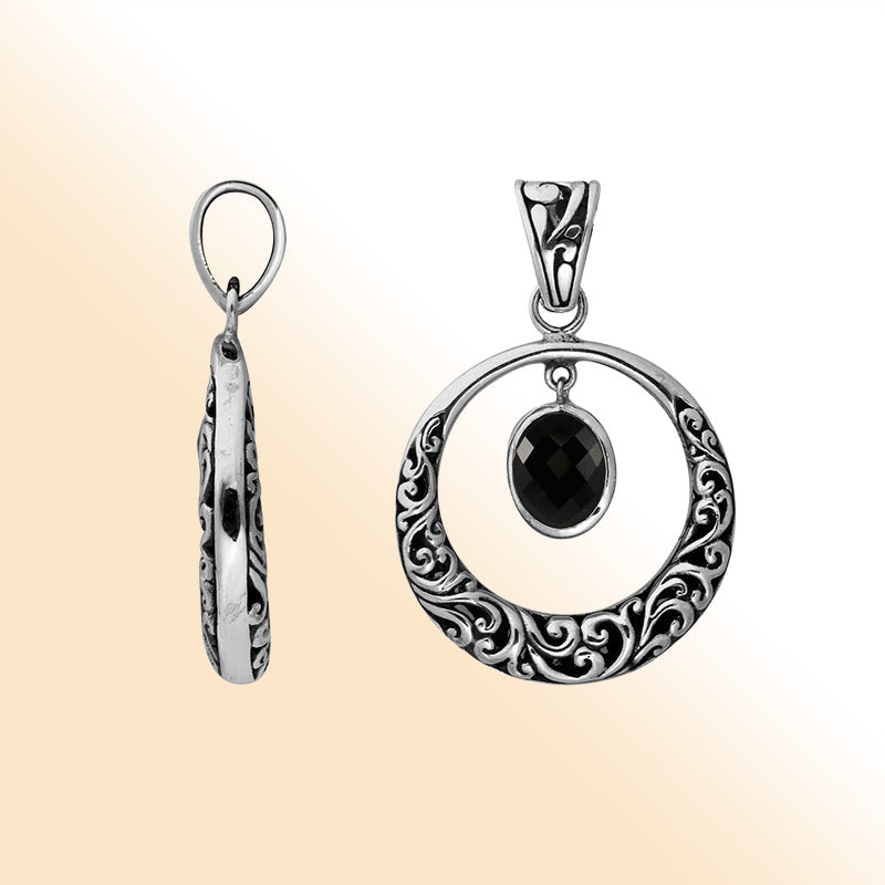 Sterling Silver Filigree Circle Pendant With Black Onyx