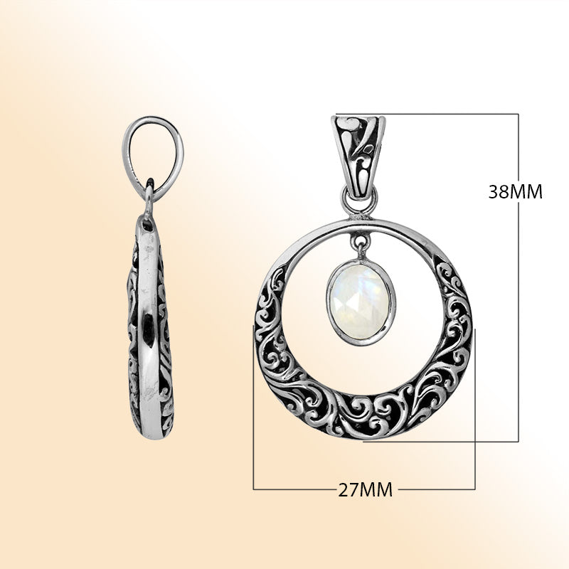 Sterling Silver Filigree Circle Pendant With Rainbow Moonstone