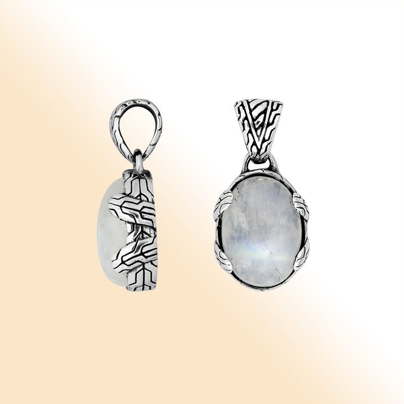 Sterling Silver Tribal Oval Pendant With Rainbow Moonstone