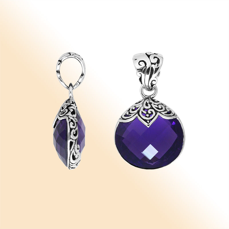 Sterling Silver Round Filigree Pendant With Amethyst Quartz Stone