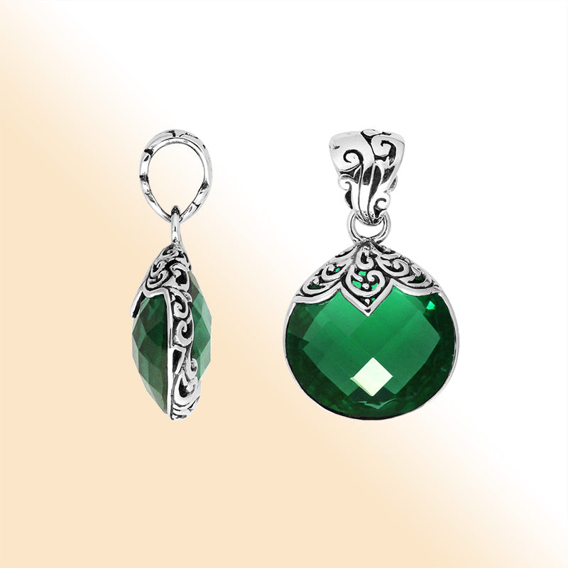 Sterling Silver Round Filigree Pendant With Green Quartz Stone