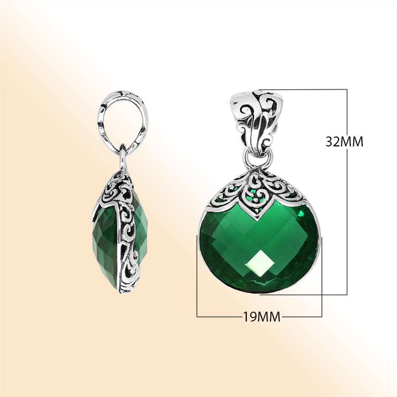 Sterling Silver Round Filigree Pendant With Green Quartz Stone