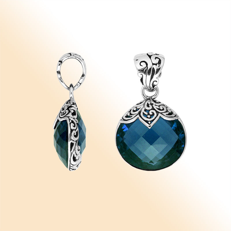 Sterling Silver Round Filigree Pendant With London Blue Topaz Quartz Stone