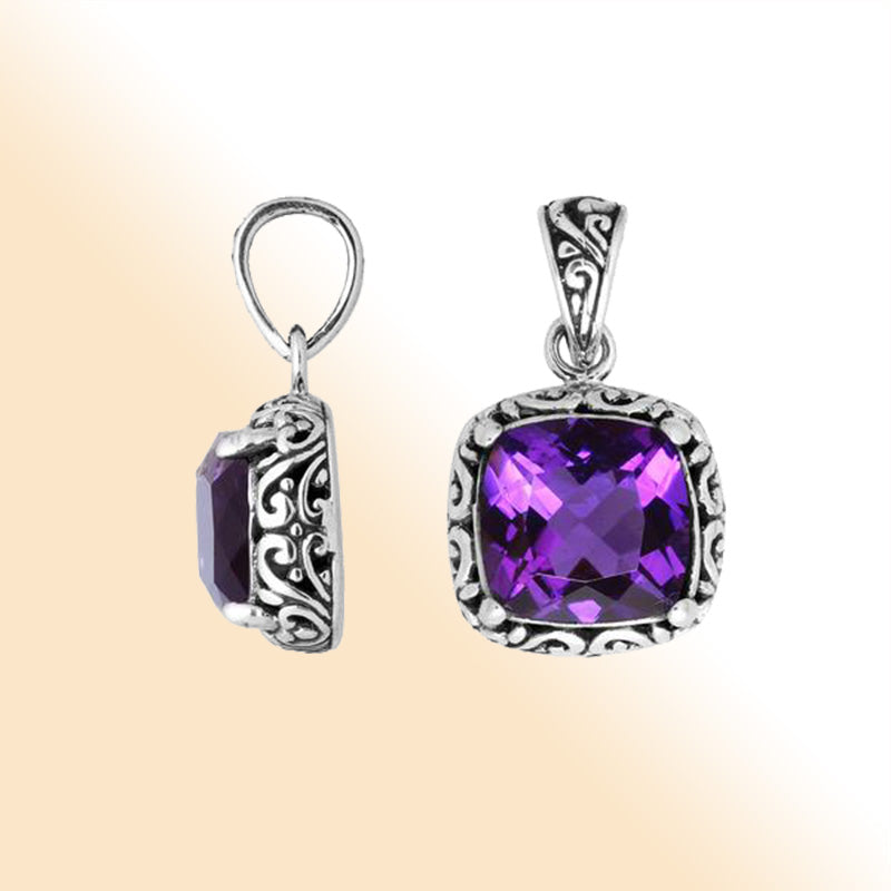 Sterling Silver Cushion Shape Pendant With Amethyst Quartz Stone