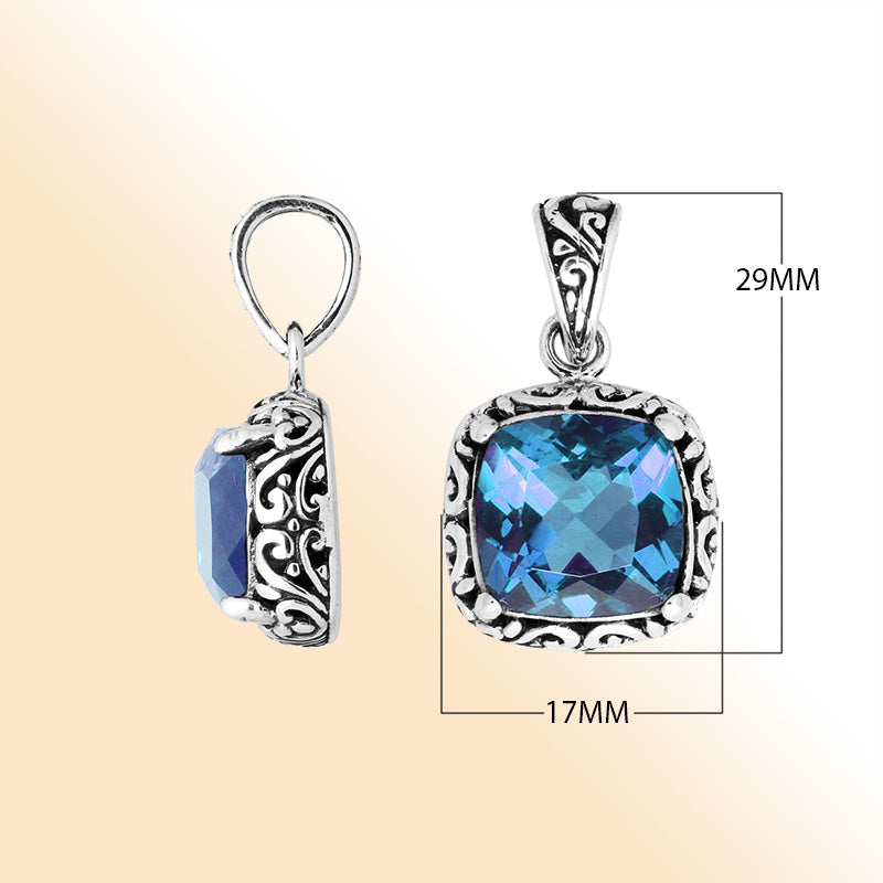 Sterling Silver Cushion Shape Pendant With Blue Topaz Quartz Stone