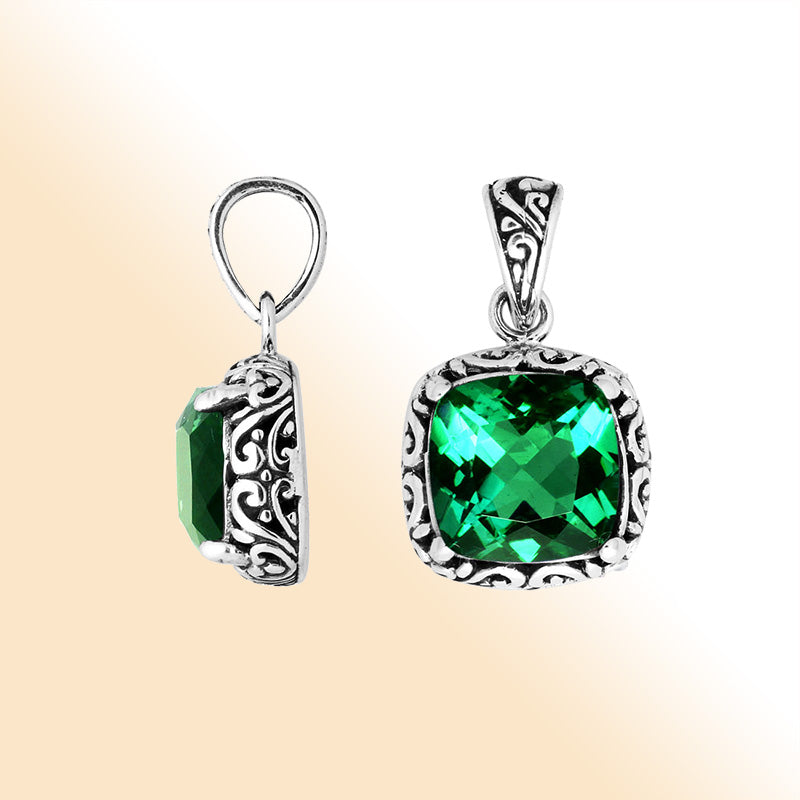 Sterling Silver Cushion Shape Pendant With Green Quartz Stone