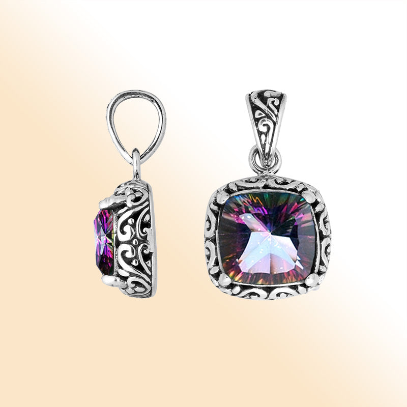 Sterling Silver Pendant With Cushion Cut Mystic Quartz Stone And Filigree Design