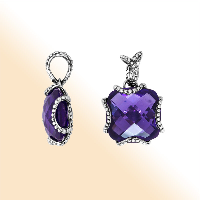 Sterling Silver Pendant With Faceted Amethyst Quartz Stone And Beaded Edge Design