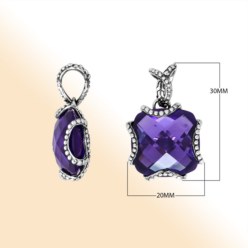 Sterling Silver Pendant With Faceted Amethyst Quartz Stone And Beaded Edge Design