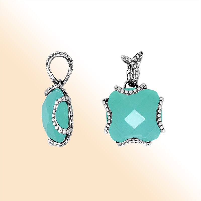 Sterling Silver Pendant With Faceted Green Chalcedony Quartz Stone And Beaded Edge Design