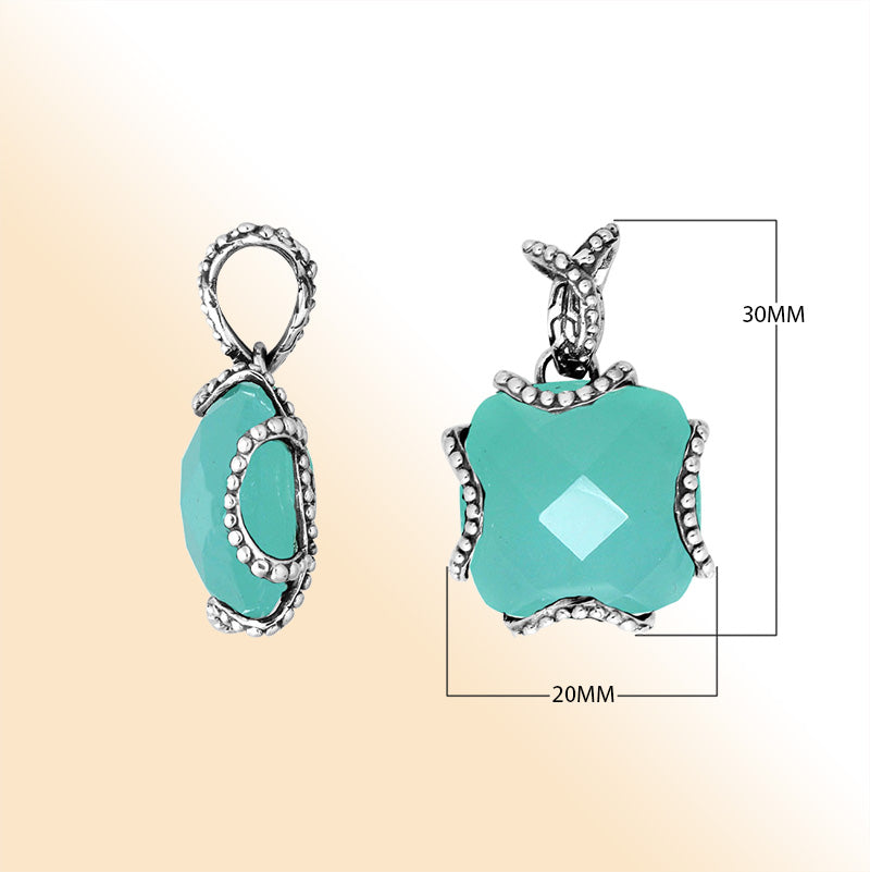 Sterling Silver Pendant With Faceted Green Chalcedony Quartz Stone And Beaded Edge Design
