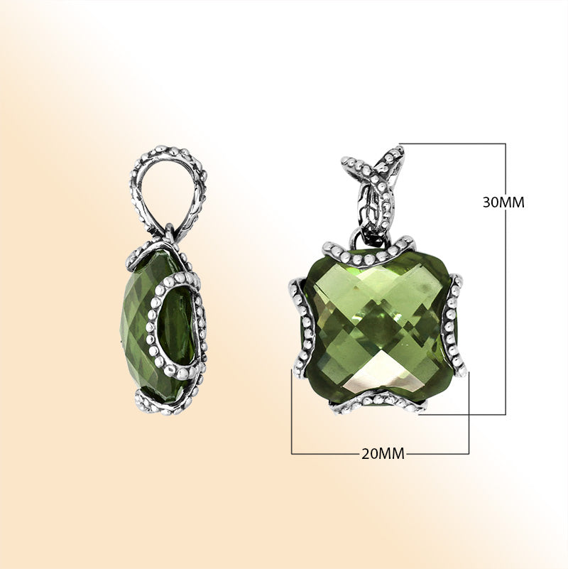 Sterling Silver Pendant With Faceted Green Amethyst Quartz Stone And Beaded Edge Design
