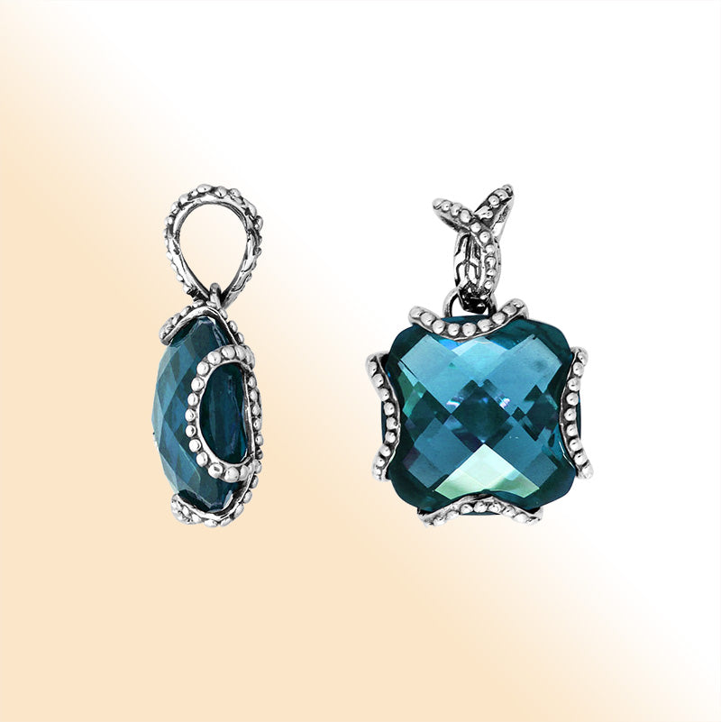 Sterling Silver Pendant With Faceted London Blue Topaz Quartz Stone And Beaded Edge Design