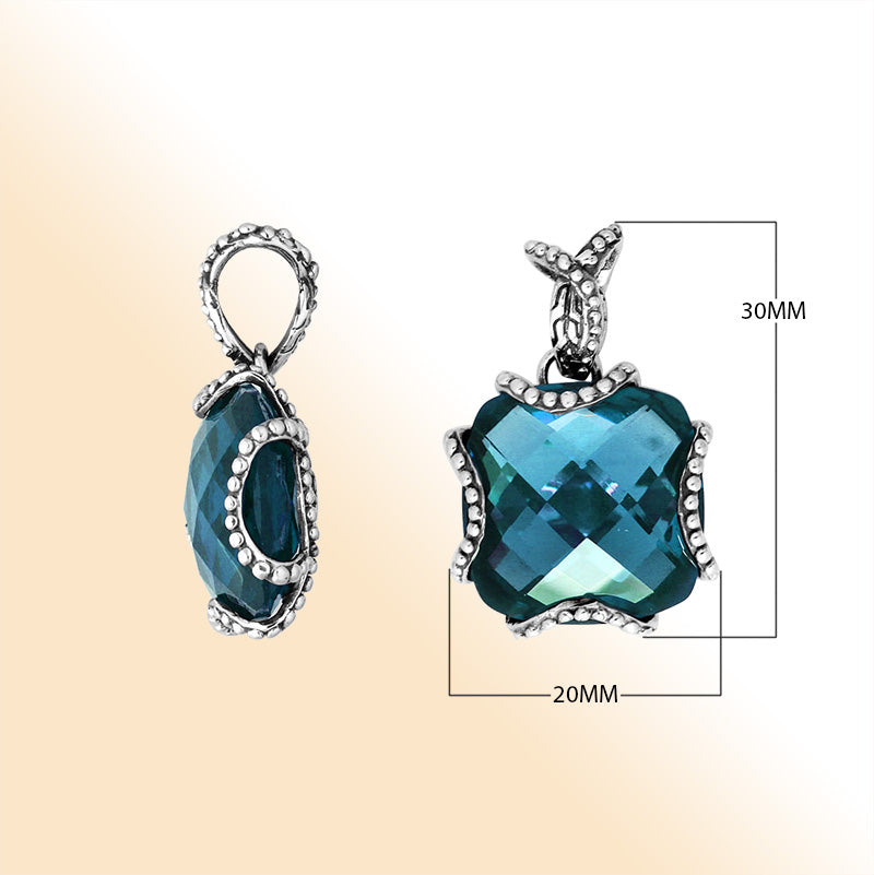 Sterling Silver Pendant With Faceted London Blue Topaz Quartz Stone And Beaded Edge Design