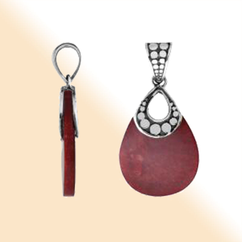 Sterling Silver Pendant With Teardrop Shape Red Coral Stone And Dot Pattern Design