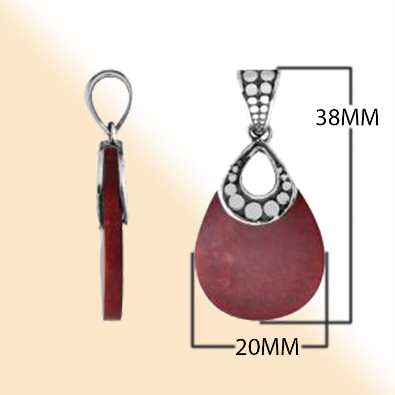 Sterling Silver Pendant With Teardrop Shape Red Coral Stone And Dot Pattern Design