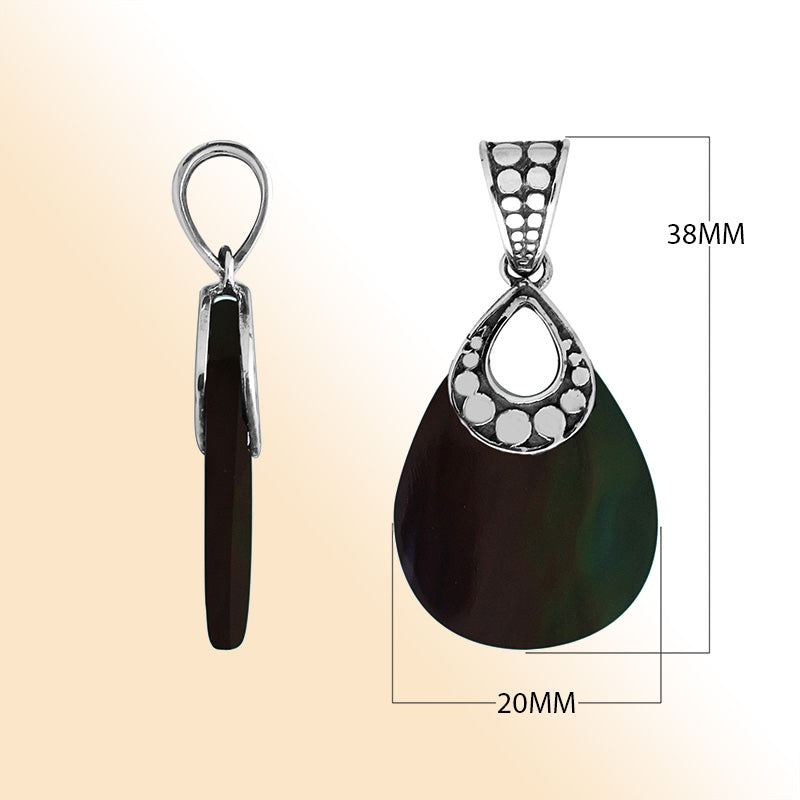 Sterling Silver Pendant With Teardrop Shape Black Shell And Dot Pattern Design