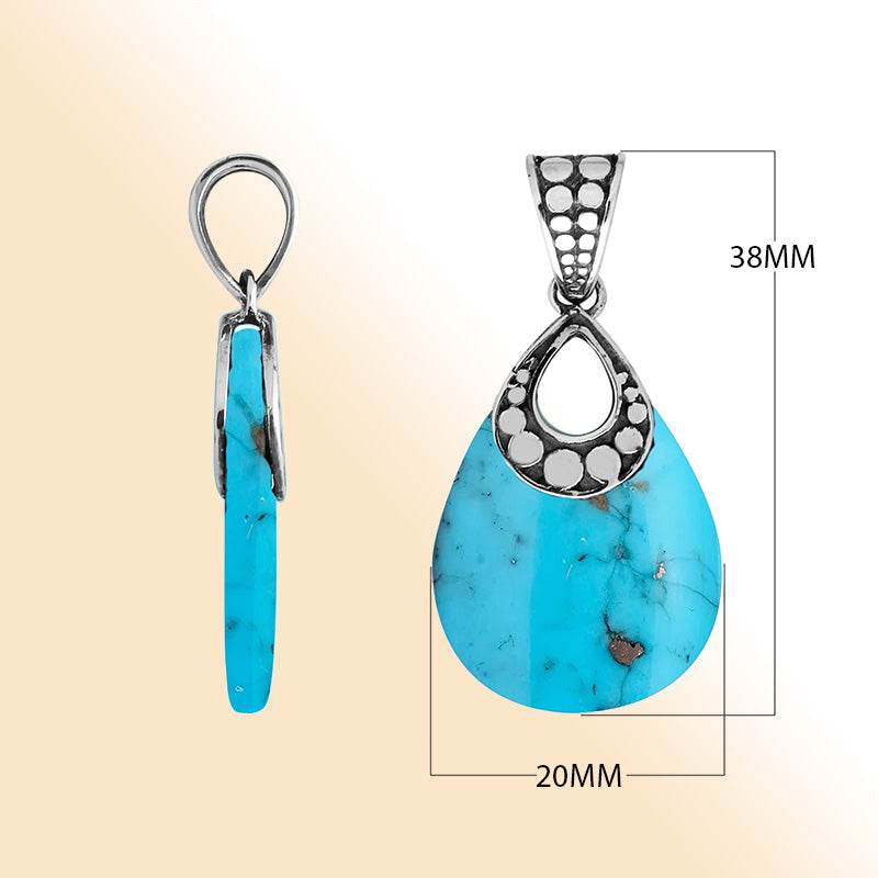 Sterling Silver Pendant With Teardrop Shape Turquoise Shell And Dot Pattern Design