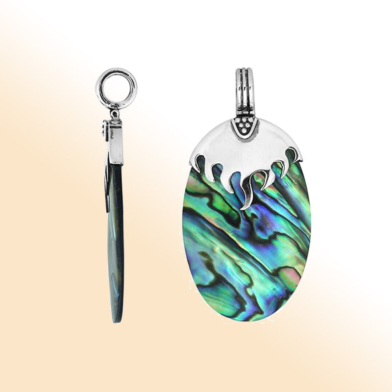 Sterling Silver Pendant With Oval Shape Abalone Shell And Flame Design Top