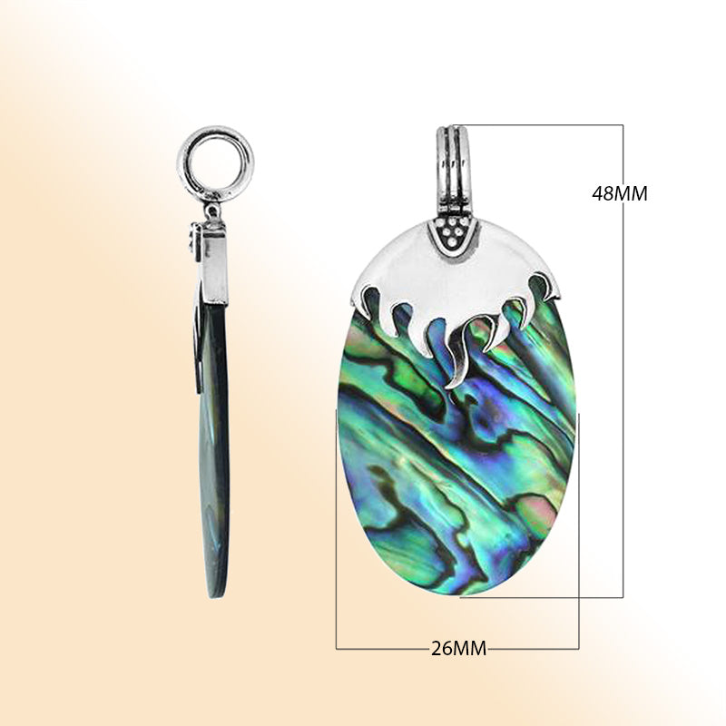 Sterling Silver Pendant With Oval Shape Abalone Shell And Flame Design Top
