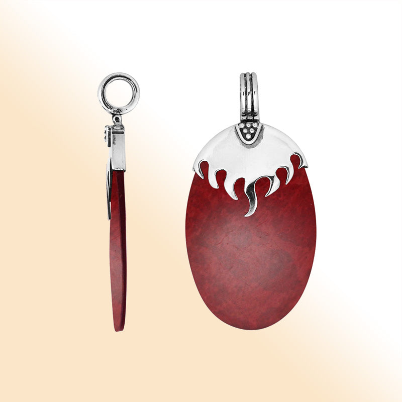 Sterling Silver Pendant With Oval Shape Red Coral And Flame Design Top
