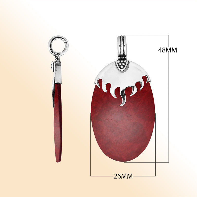Sterling Silver Pendant With Oval Shape Red Coral And Flame Design Top