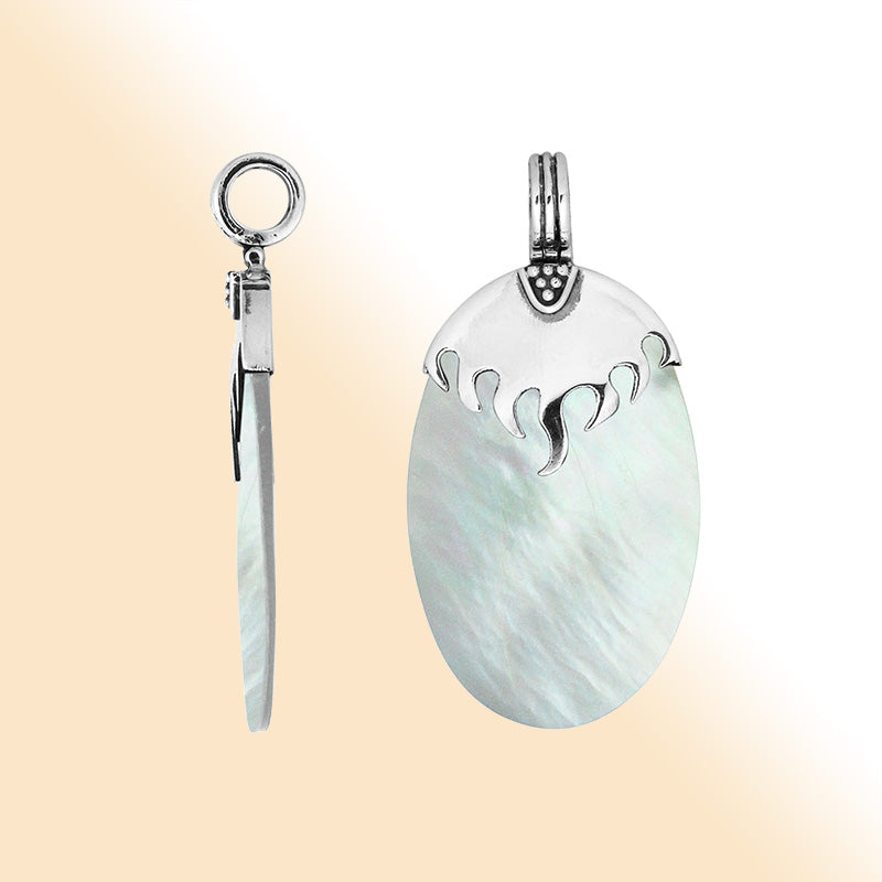 Sterling Silver Pendant With Oval Shape Mother Of Pearl And Flame Design Top