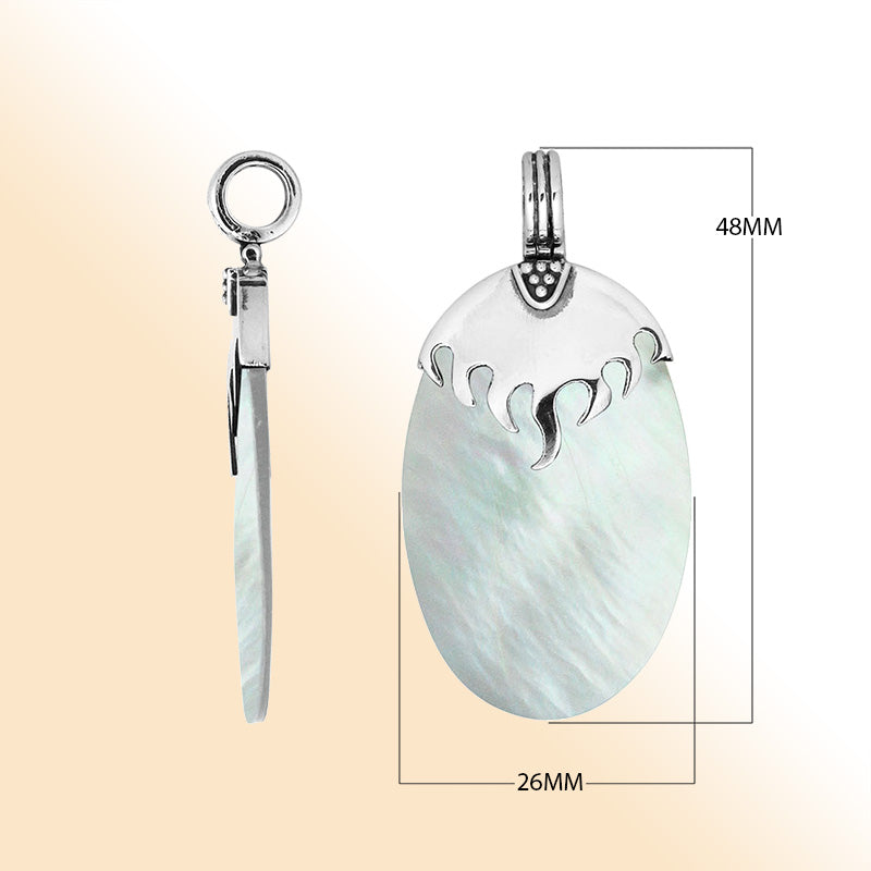 Sterling Silver Pendant With Oval Shape Mother Of Pearl And Flame Design Top