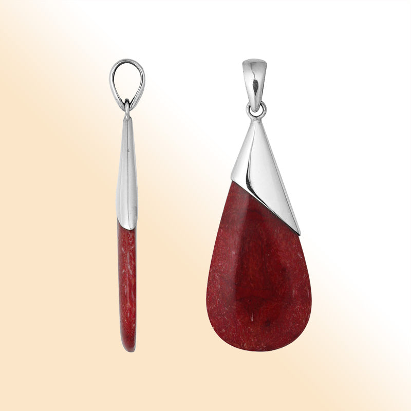 Handcrafted 925 Silver Overlay Teardrop Pendant With Red Coral