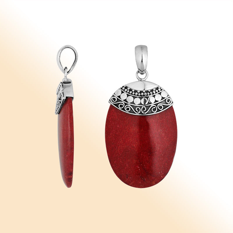 Handcrafted 925 Silver Oval Pendant With Red Coral And Intricate Filigree Design