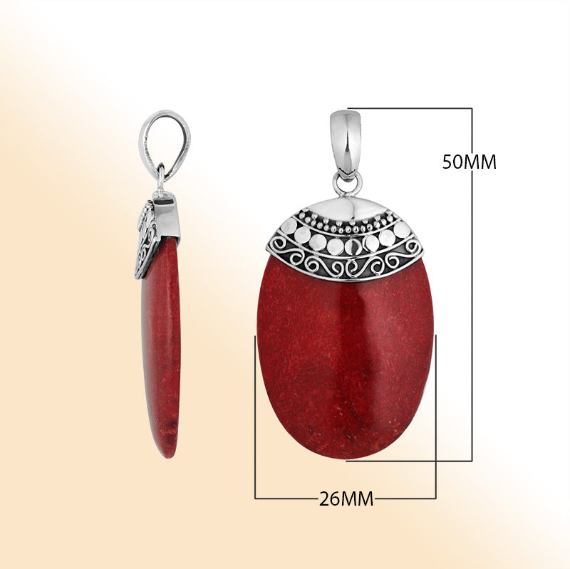 Handcrafted 925 Silver Oval Pendant With Red Coral And Intricate Filigree Design