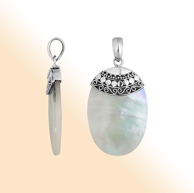 Handcrafted 925 Silver Oval Pendant With Mother Of Pearl And Intricate Filigree Design