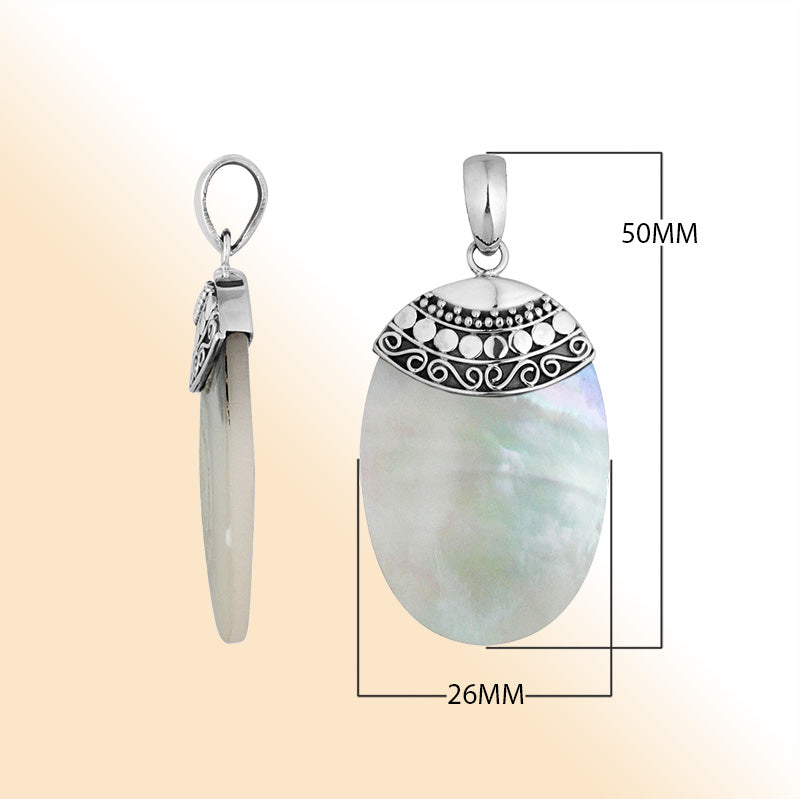 Handcrafted 925 Silver Oval Pendant With Mother Of Pearl And Intricate Filigree Design