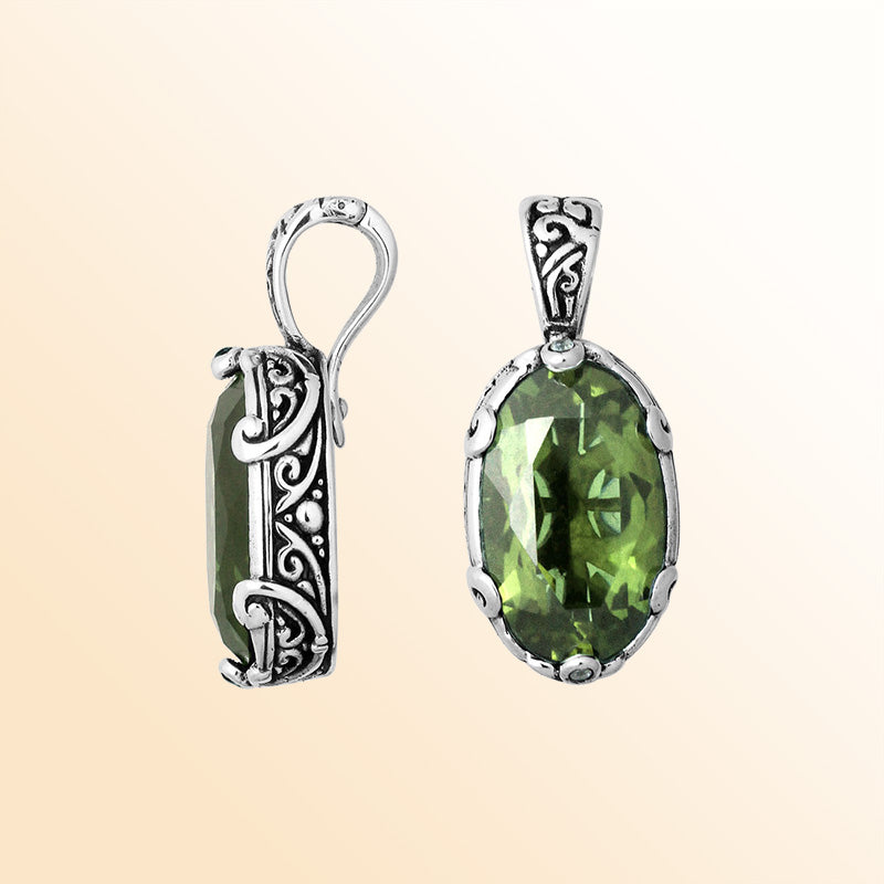 Silver Overlay Pendant With Oval Green Amethyst Quartz Design