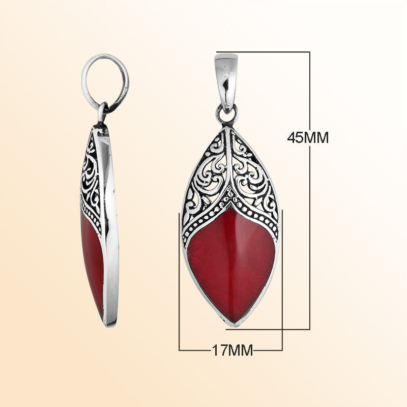 Silver Overlay Artistic Marquise Pendant Featuring Red Coral Accent