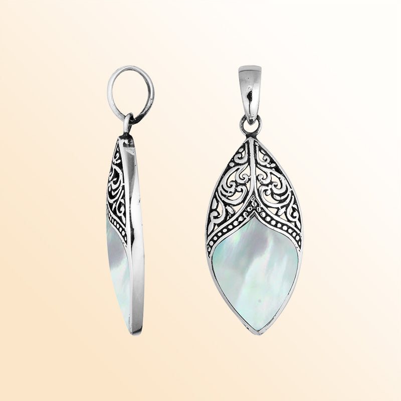 Silver Overlay Artistic Marquise Pendant Featuring Mother Of Pearl