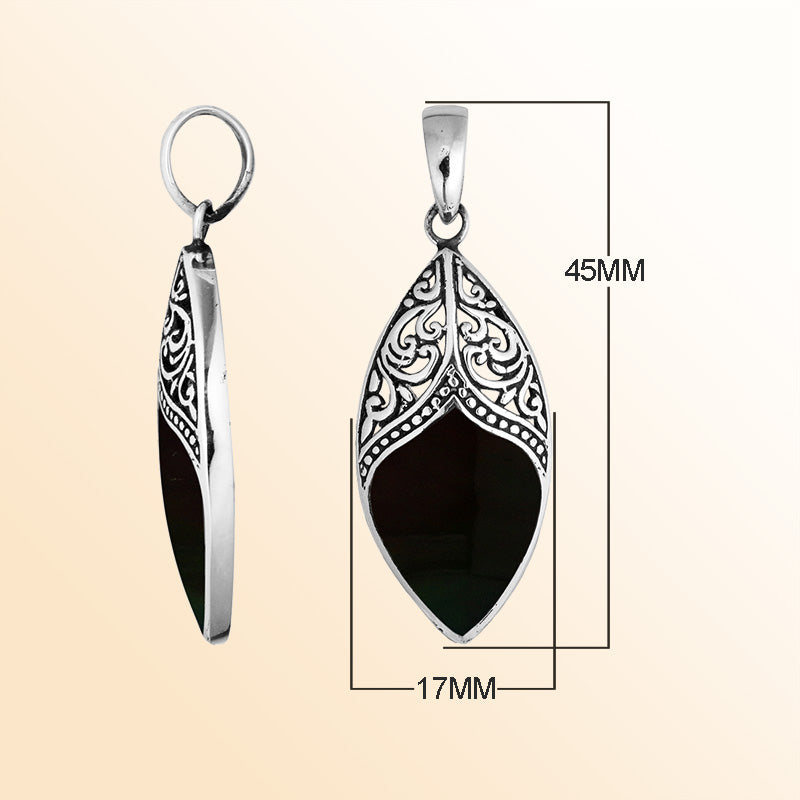925 Sterling Silver Artistic Marquise Pendant Featuring Black Shell
