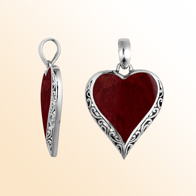 925 Sterling Silver Artistic Heart Pendant Featuring Red Coral