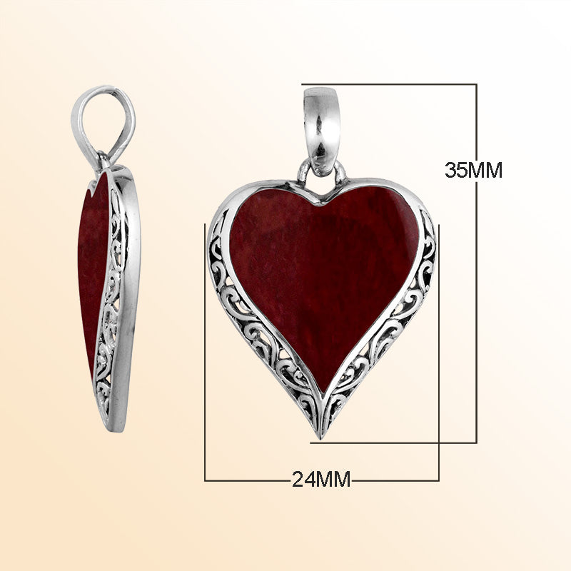 925 Sterling Silver Artistic Heart Pendant Featuring Red Coral