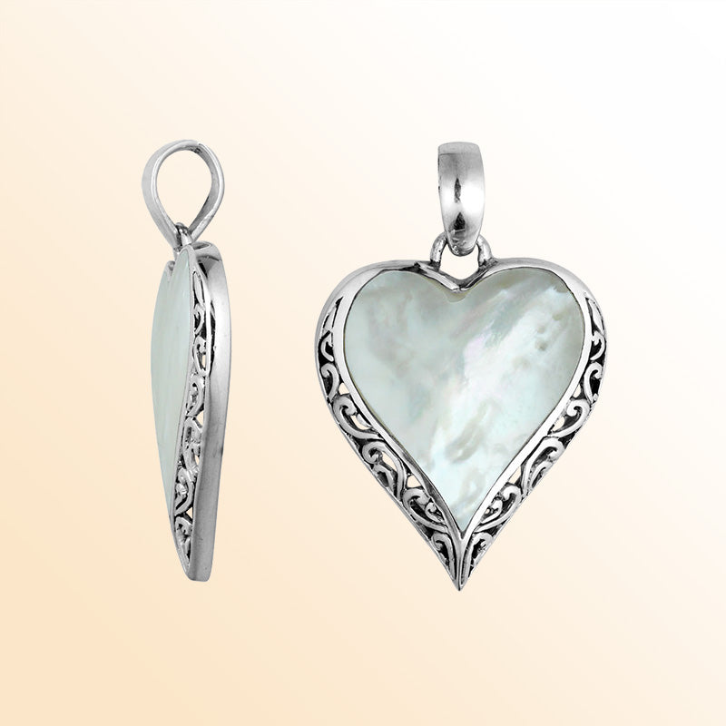 925 Sterling Silver Artistic Heart Pendant Featuring Mother Of Pearl
