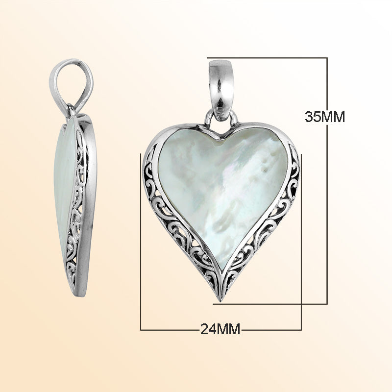 925 Sterling Silver Artistic Heart Pendant Featuring Mother Of Pearl