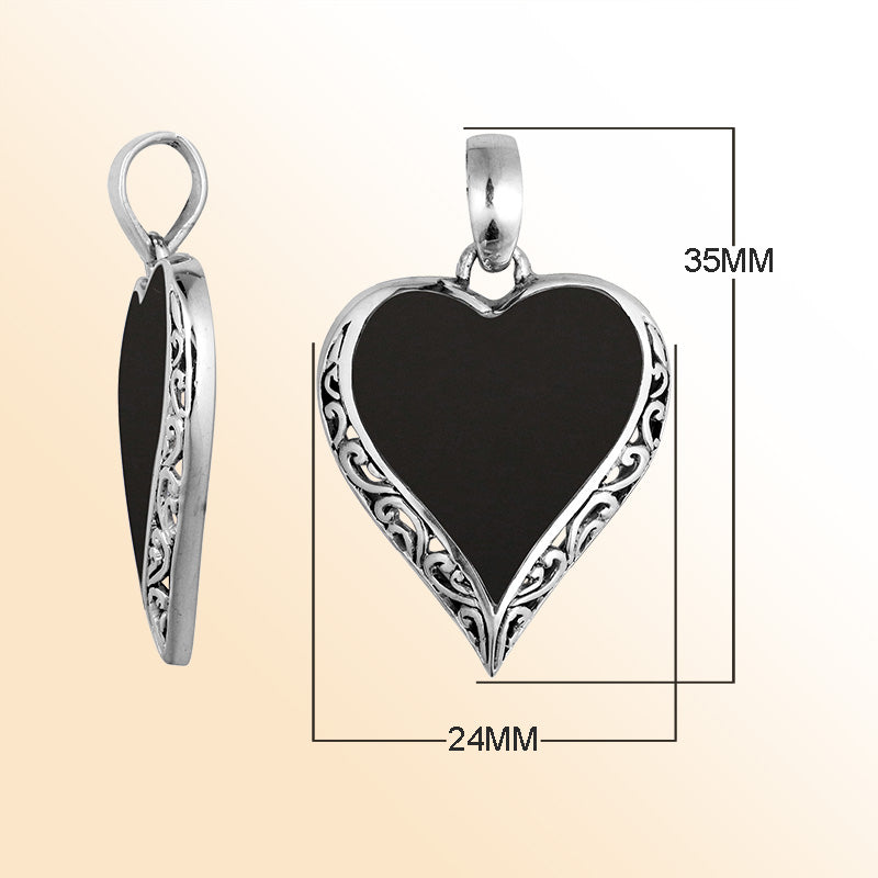 925 Sterling Silver Artistic Heart Pendant Featuring Black Shell