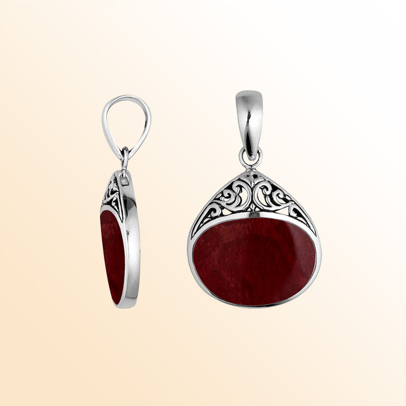 925 Sterling Silver Artistic Teardrop Pendant Featuring Red Coral