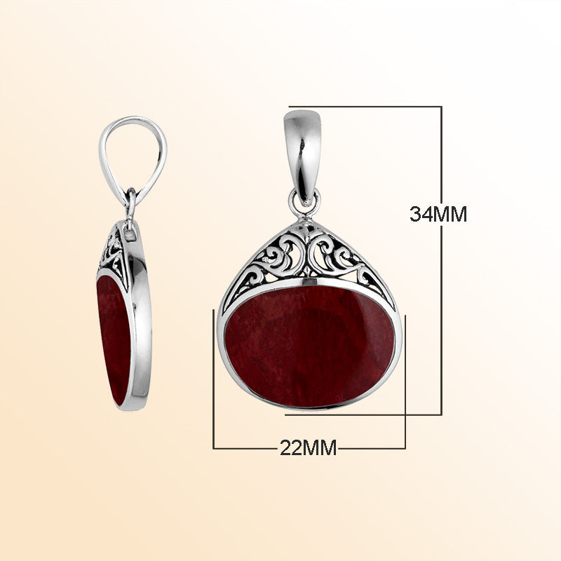925 Sterling Silver Artistic Teardrop Pendant Featuring Red Coral