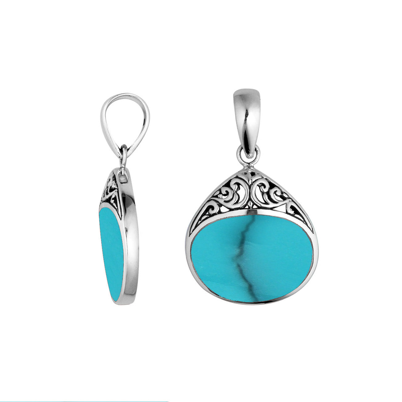 925 Sterling Silver Artistic Teardrop Pendant Featuring Turquoise Shell